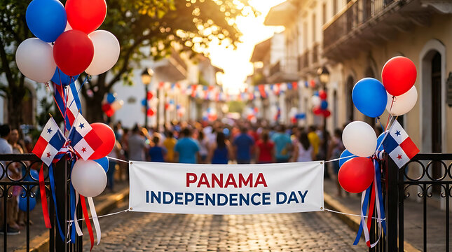 Panama Independence Day celebrations with festive banners and colorful balloons