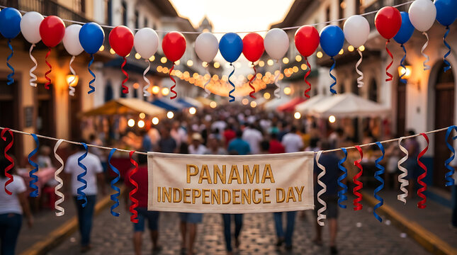 Panama Independence Day celebration with festive banners and colorful balloons