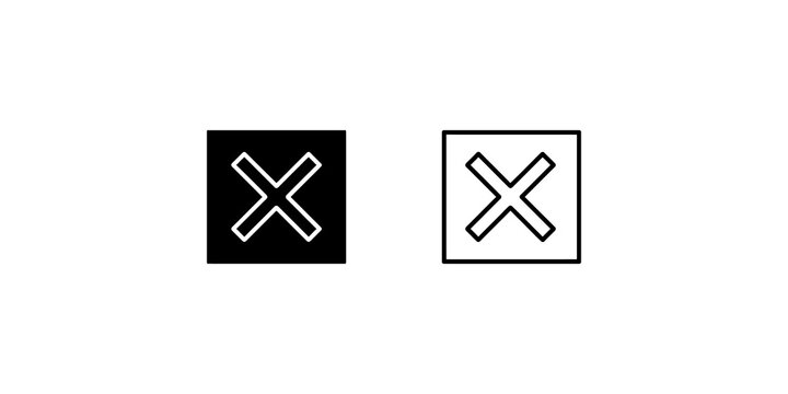 Black cross mark in square and outline icon isolated for wrong choice.