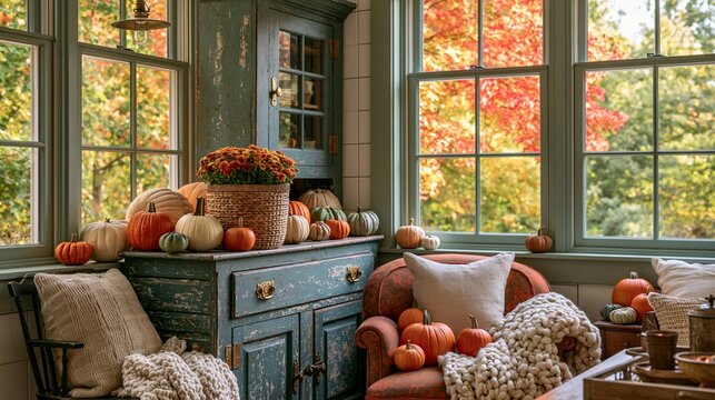 a cozy living room decorated for fall. The main subject is a wooden cabinet with a weathered blue finish, adorned with pumpkins of various sizes and colors, including orange, white, and green.