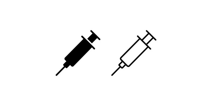 Medical syringe icons set featuring solid and outlined vaccine equipment.