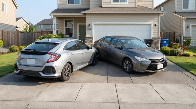 Minor Driveway Collision Between Two Cars in Residential Setting for Insurance and Property Damage Concept