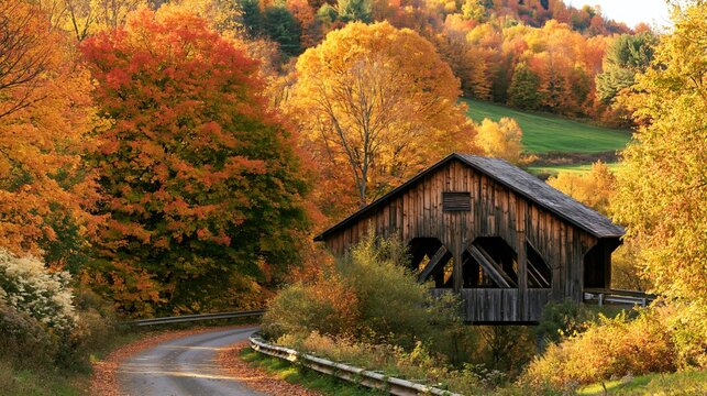 a rustic wooden covered bridge spanning a winding road. The bridge is the focal point, with its dark wooden structure contrasting the vibrant fall colors of the trees surrounding it.