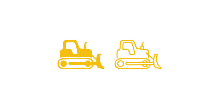 Yellow bulldozer construction vehicle machines for earthmoving site works.