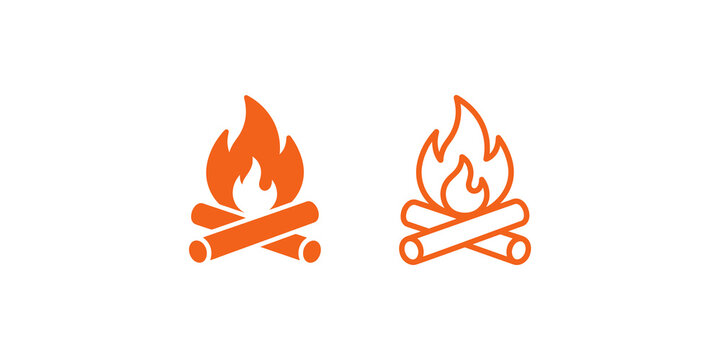 Orange campfire flame and wooden logs icon set for outdoor adventure.
