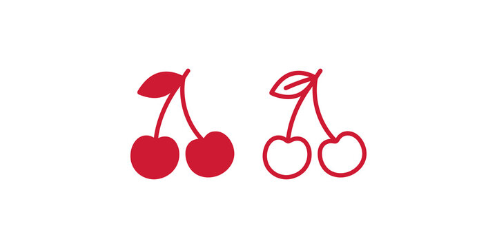 Red cherry icon symbol with leaf, vector illustration for fruit design.