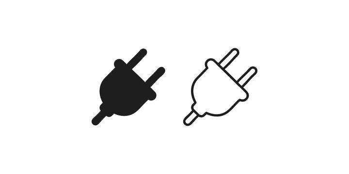 Black electric power plug solid and line style vector icon set illustration.