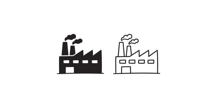 Factory icons set industrial building chimney smoke for manufacturing and pollution.