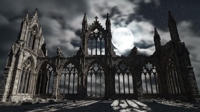 Gothic cathedral ruins under full moon with starry sky and drifting clouds in dramatic nighttime scene. Perfect for horror films, fantasy games, historical documentaries and Halloween content