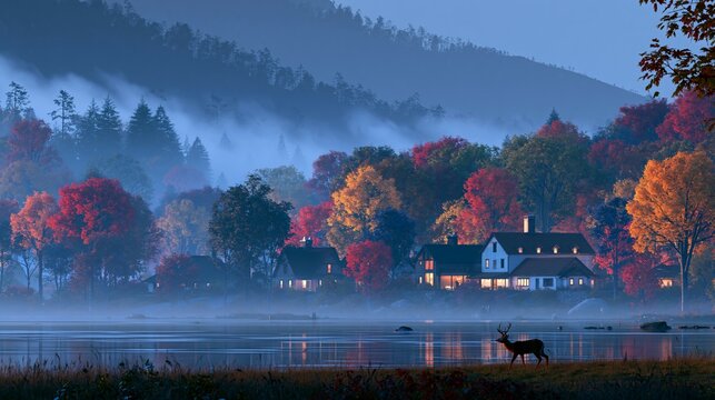 a serene countryside scene during autumn. The main subject is a picturesque village nestled within a dense forest of trees, their leaves displaying a mix of vibrant red, orange, and yellow hues.