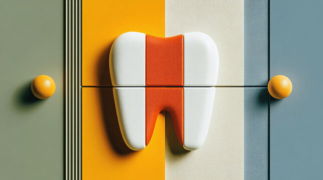 Minimalist 3D tooth on geometric dental office backdrop