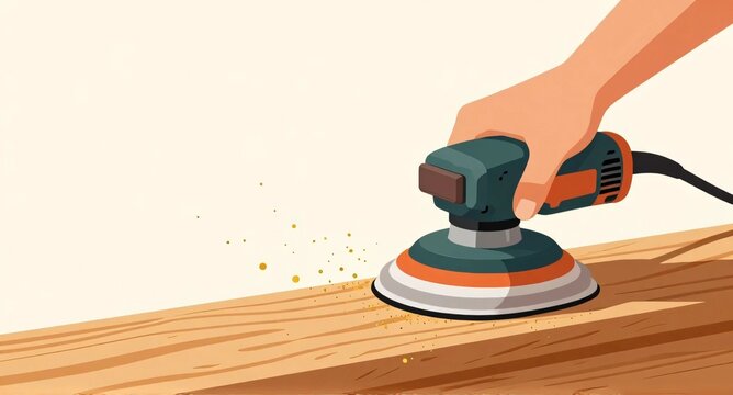 Cinematic real photo of woodworker polishing and sanding wooden board in carpentry workshop