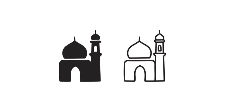Black and white mosque icon set for islamic prayer and worship.