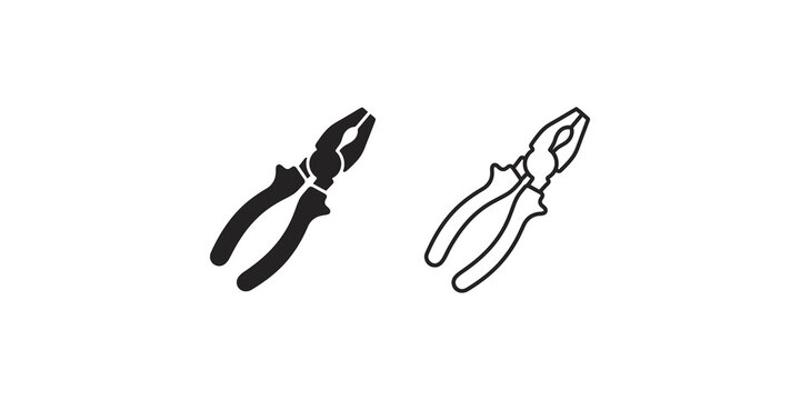 Pliers hand tool black solid and outline vector icon set for repair.
