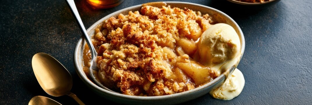 A warm pear crumble is served in an oval dish alongside melting vanilla ice cream on a dark kitchen surface.