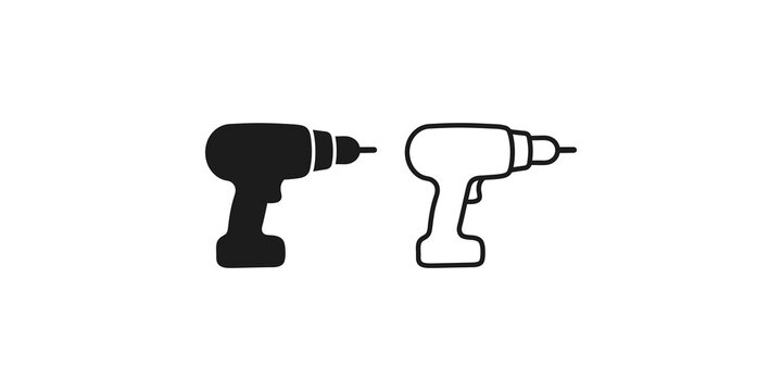 Electric drill tool black solid and outline vector icon for workshop.