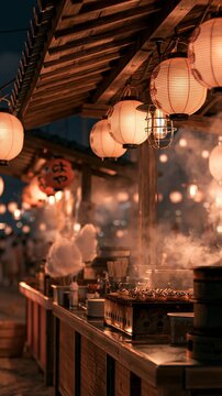 a traditional Asian street food stall. The main subject is a wooden platform with a row of illuminated lanterns hanging above it. The lanterns emit a warm, golden light.