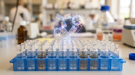 Fototapeta premium Scientist handling antibody sample vials in laboratory with scientific equipment