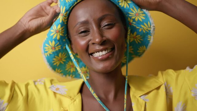 Excited young black woman is dancing against yellow studio background. She is smiling and wearing stylish floral bob hat 