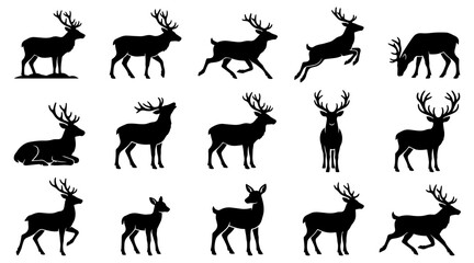 Fototapeta premium Set of black reindeer silhouettes in various poses for winter holiday design projects