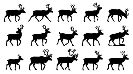 Set of reindeer silhouettes walking in various poses for Christmas holiday design projects © MDSHOFIULAZAM