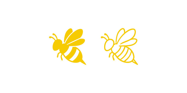 Honey bee flying insect solid and outline icons in bright yellow.