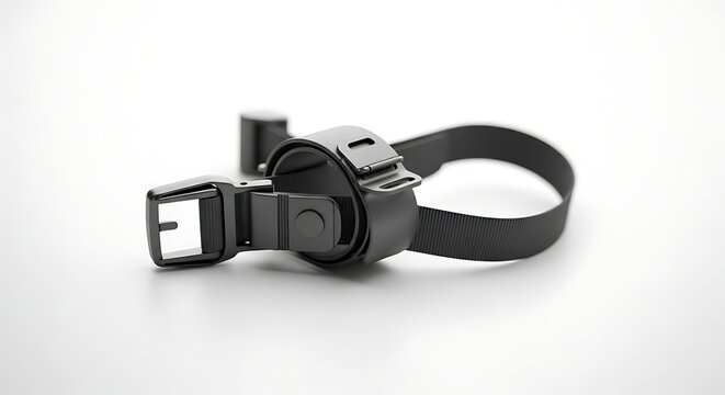 Black adjustable strap with a metal buckle lying on a plain white studio surface