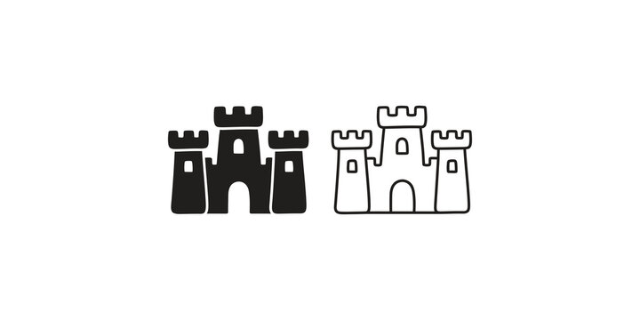 Medieval castle fortress icons in solid black and outline art style.