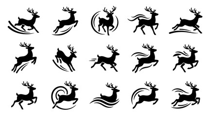Fototapeta premium Reindeer Silhouette Motion Set with Running Deer Icons and Jumping Stag Vector Graphics