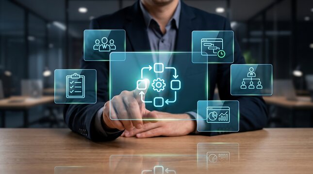Business operations manager interacting with process optimization and workflow automation icons for digital business efficiency and system improvement in modern professional office