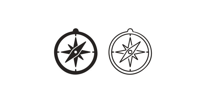 Black compass icon set in solid and outline style for travel design.