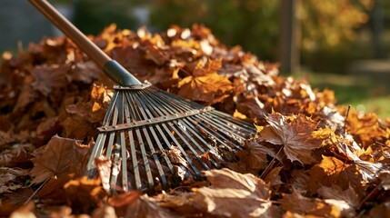 Obraz premium a pile of autumn leaves with a metal rake in the foreground. The leaves are a mix of brown and orange hues, indicating the transition from autumn to fall.