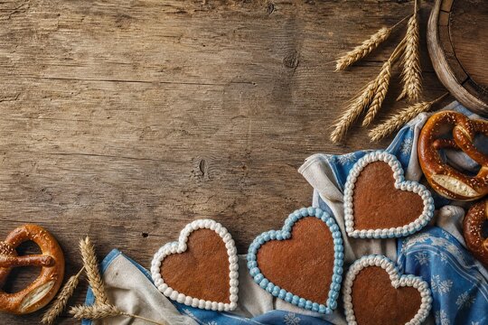 Oktoberfest background with gingerbread hearts and pretzels on wood.
