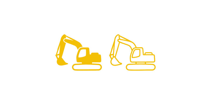 Construction excavator machinery icon set in yellow for industrial work.