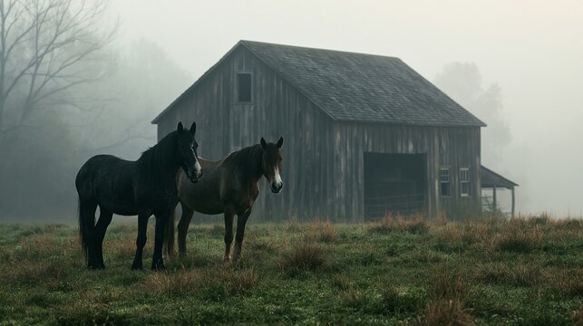 a misty field. A rustic wooden barn with a sloping roof is the central subject, surrounded by a dense fog. The horses, one black and one chestnut, stand side by side, gazing into the distance.