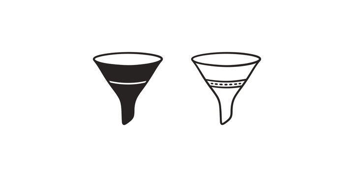 Funnel filter laboratory equipment icon set in black and outline view.