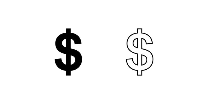 Financial dollar sign vector icon set with black solid and outline.