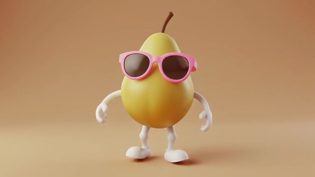 Funny cartoon pear character dancing with pink sunglasses