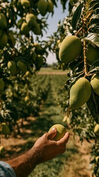 a hand holding a ripe, green mango. The hand is positioned in the foreground, with the mangos texture clearly visible. The background shows a lush.