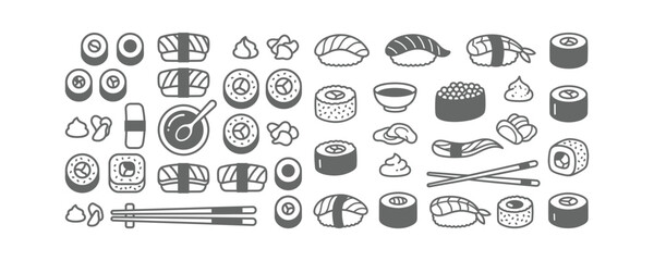A collection of hand drawn sushi icons including maki rolls nigiri and soy sauce on white background © Sai-man