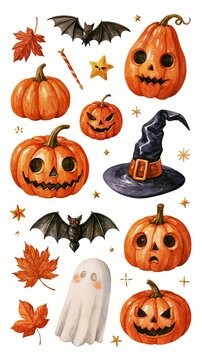 a collection of Halloweenthemed pumpkins. The pumpkins are intricately carved with various expressions, including wideopen eyes, sharp teeth, and a mischievous grin. A witchs hat, a bat, a wand.