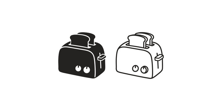 Toaster icons with bread slices in solid and outline style designs.