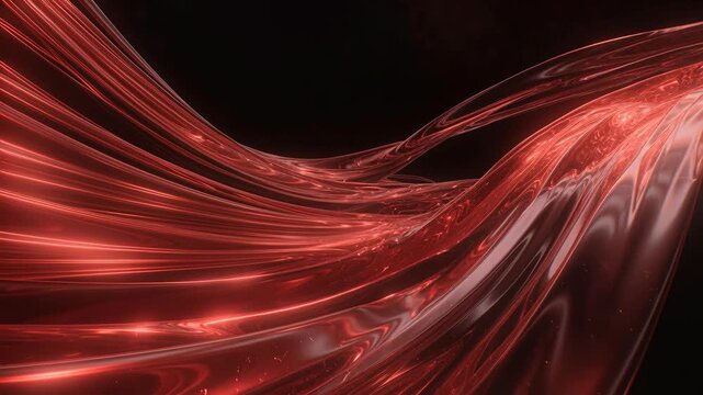 Flowing red luminous ribbons form an abstract wave composition on a dark background, suggesting motion, energy, and technology