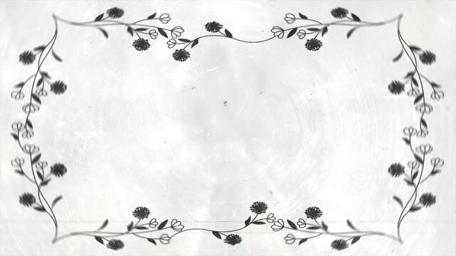 Vintage silent film frame overlay featuring delicate black floral vine borders, leaf ornaments, flickering analog dust, hair, scratches, and film grain texture on a neutral off-white background