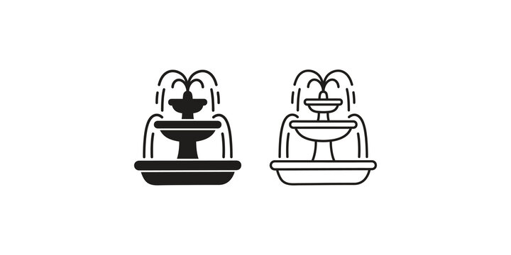 Water fountain landscape icons solid and line design for garden decor.
