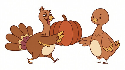 Fototapeta premium Cartoon turkey handing a large pumpkin to another friendly turkey with thanksgiving celebration character illustration