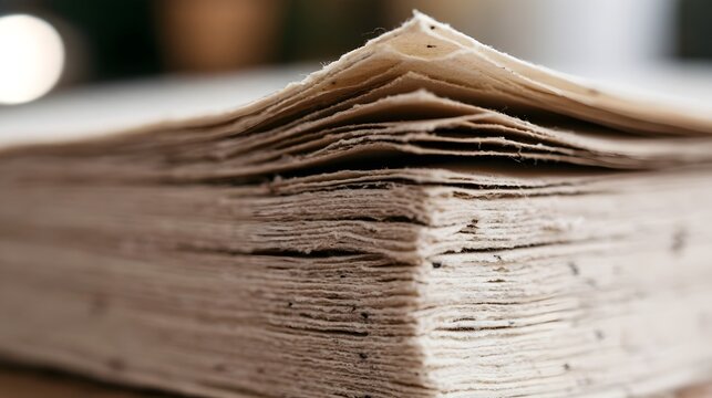 Close up of aged paper stack showing textured layers and natural fibers under soft lighting