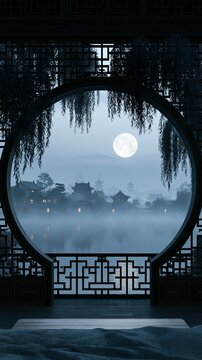 Traditional Chinese Mid Autumn Festival. a traditional Chinese landscape at twilight. A large, full moon casts a soft glow over the scene. The main subject is a large, ornate archway.