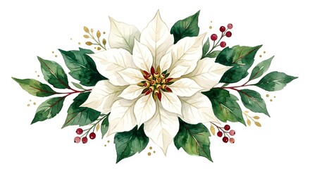 Obraz premium Watercolor White Poinsettia Christmas Flower Arrangement With Green Leaves And Red Berries Isolated