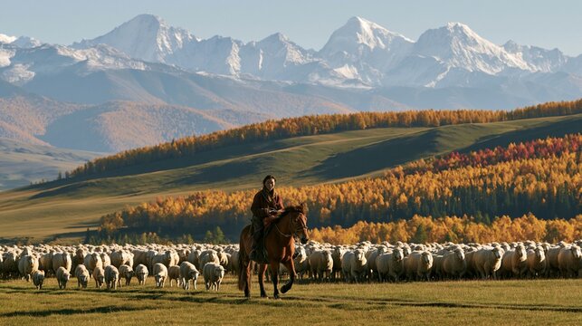 a serene moment in a mountainous region. A person, dressed in traditional clothing, rides a brown horse through a lush green meadow. The horses mane and tail are flowing, indicating movement.